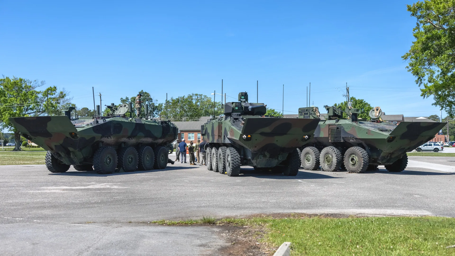 From left to right, an Amphibious Combat Vehicle command and control variant (ACV-C), a 30mm cannon-armed ACV-30, and a standard ACV personnel carrier version (ACV-P). The ACV-R recovery variant is not shown here. USMC/Sgt. Alexis Sanchez