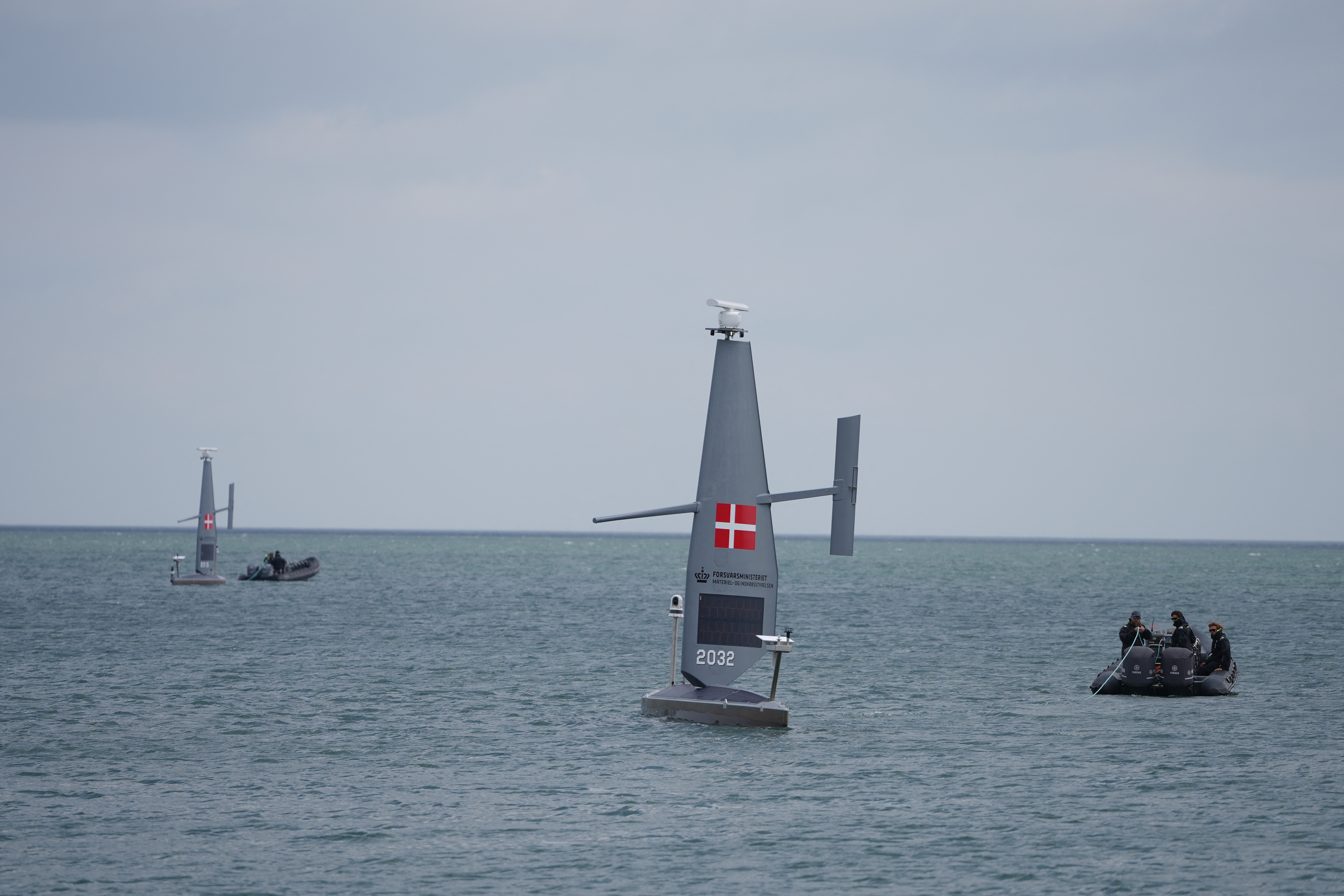 Two Saildrone Voyager vessels are seen in the Baltic Sea off the port of Koege, Denmark, on June 16, 2025. (Liselotte Sabroe/Ritzau Scanpix/AFP via Getty Images)
