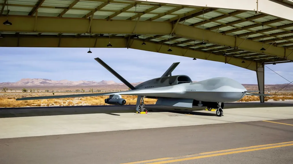 An Avenger drone with a podded IRST sensor under its wing. General Atomics