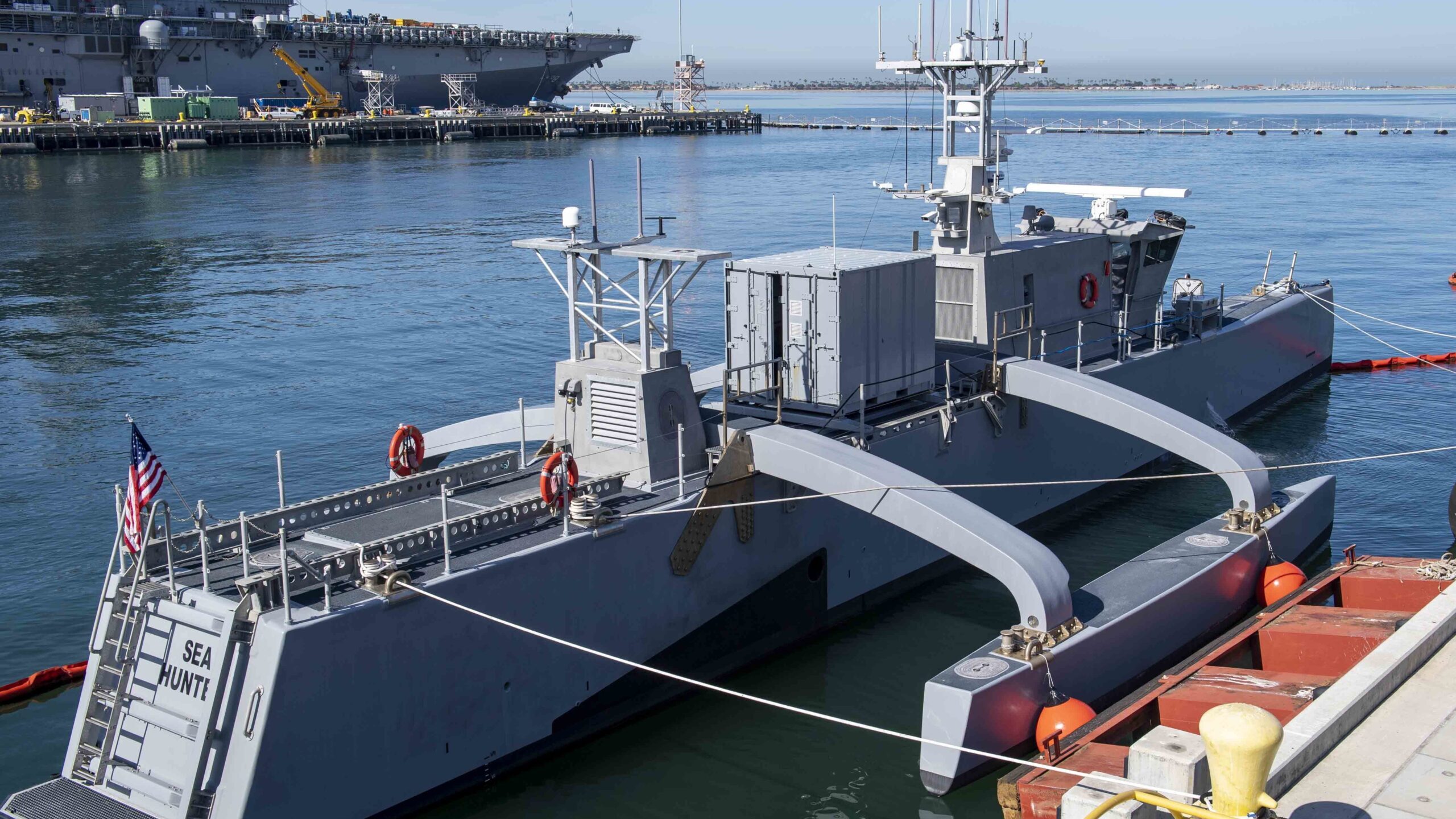 SAN DIEGO (May 13, 2022) – The medium-displacement unmanned surface vessel Sea Hunter sits pierside at Naval Base San Diego, during the Unmanned Surface Vessel Division (USDIV) One Establishment ceremony. (U.S. Navy photo by Mass Communication Specialist 2nd Class Kevin C. Leitner)