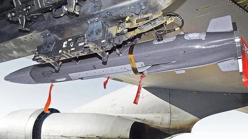 An ADM-160B under the wing of a U.S. Air Force B-52 bomber. U.S. Air Force